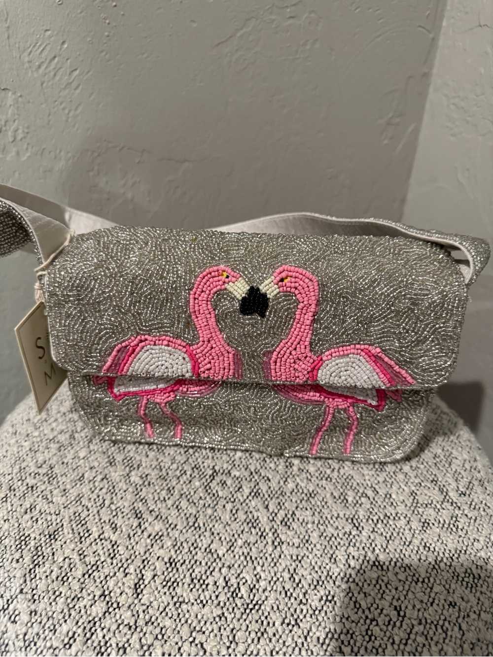 Silver Beaded Flamingo  Beaded Bag